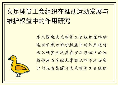 女足球员工会组织在推动运动发展与维护权益中的作用研究
