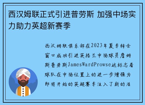西汉姆联正式引进普劳斯 加强中场实力助力英超新赛季 西汉姆联正式引进普劳斯 加强中场实力助力英超新赛季